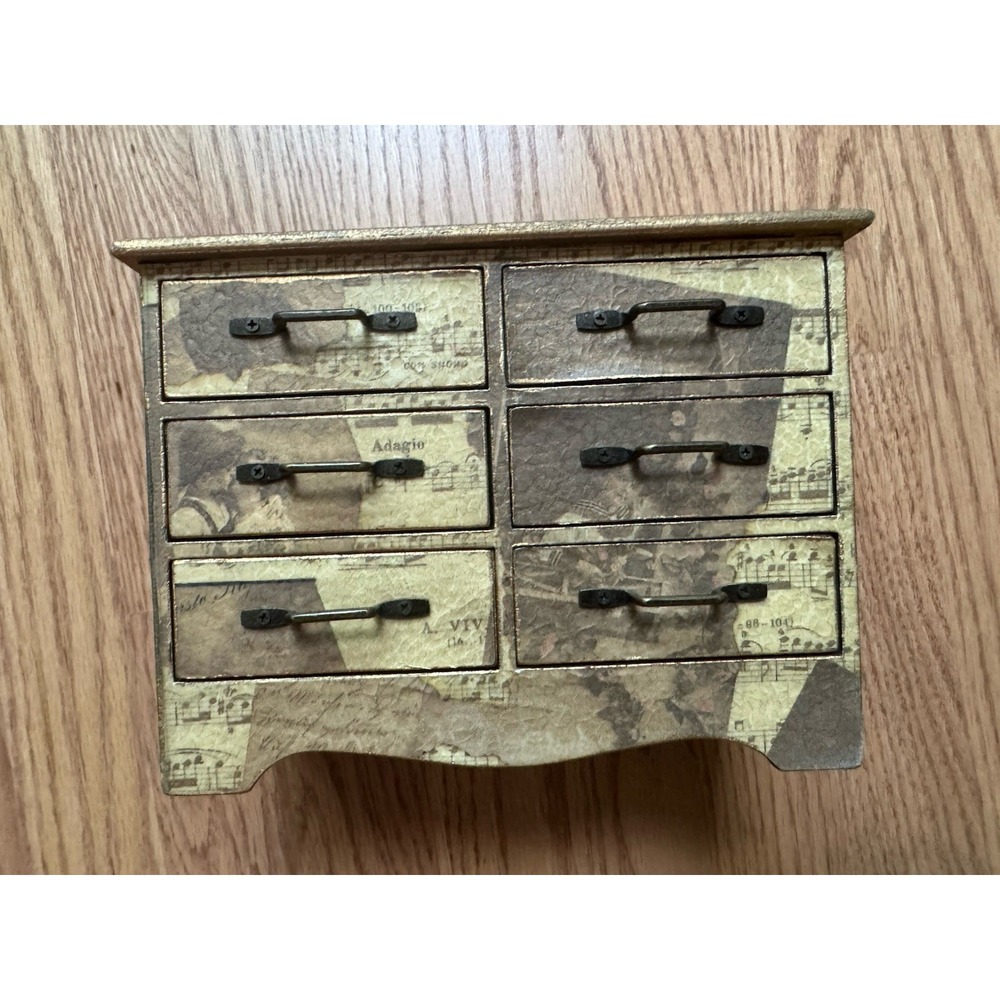 Wood 6 Drawer Mini Chest Sheet Music Decoupage Jewelry Box Vintage 90s Decoline